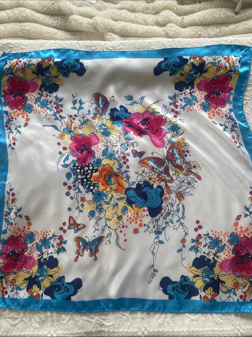 Floral Satin Square Scarf White with Pink & Blue Floral Print 19 x 19 NWT